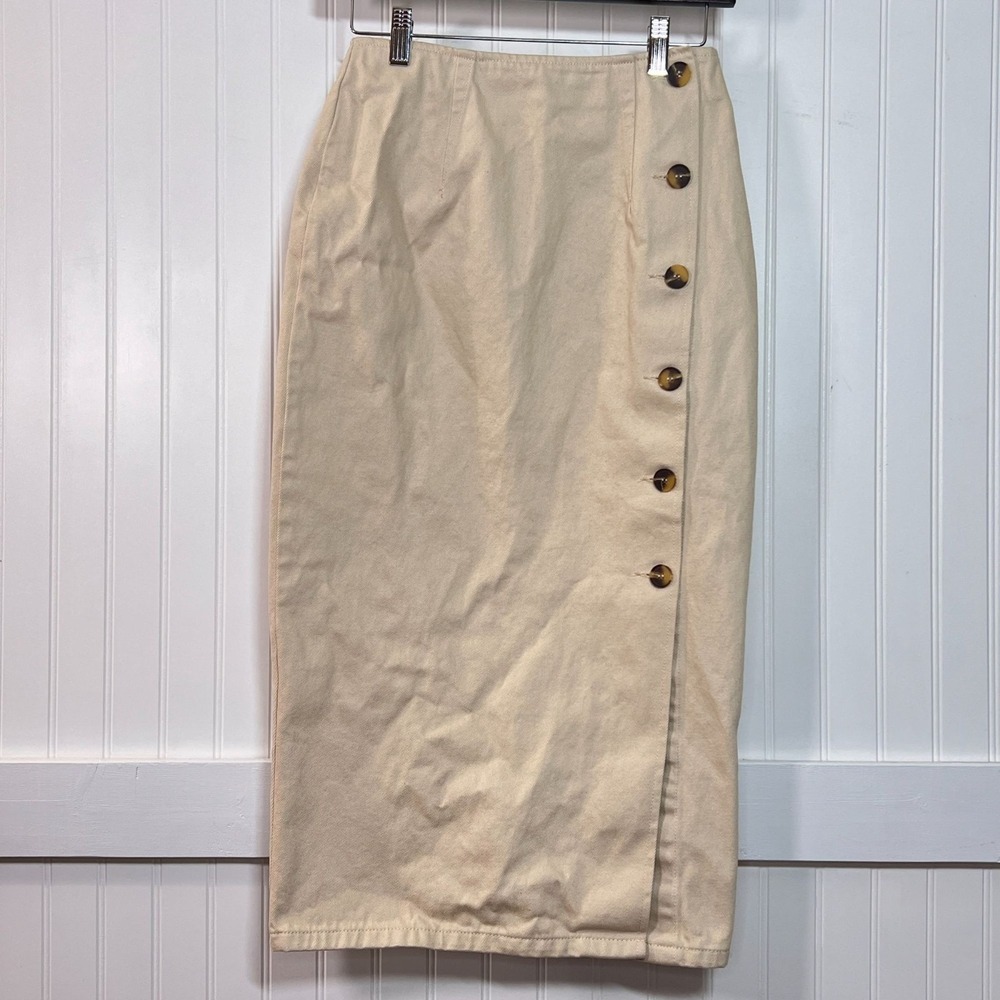 ASOS Denim Skirt Heritage Academia Cream Midi Button Side Slit 100% Cotton 2